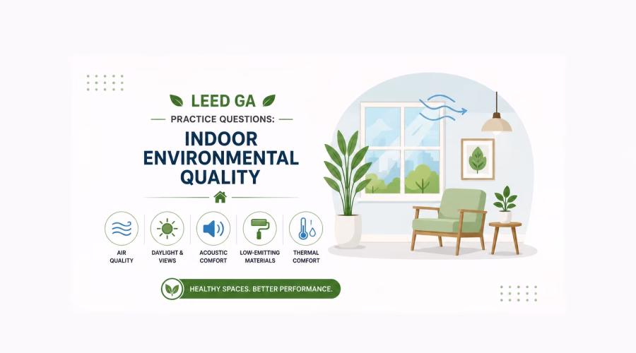 LEED GA Indoor Environmental Quality practice questions graphic featuring a bright sustainable interior with natural daylight, ventilation, indoor plants and healthy building design elements.