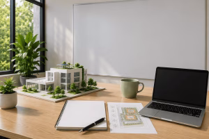 Sustainable building model with architectural plans and digital workspace representing LEED integrative process, planning and assessment concepts.