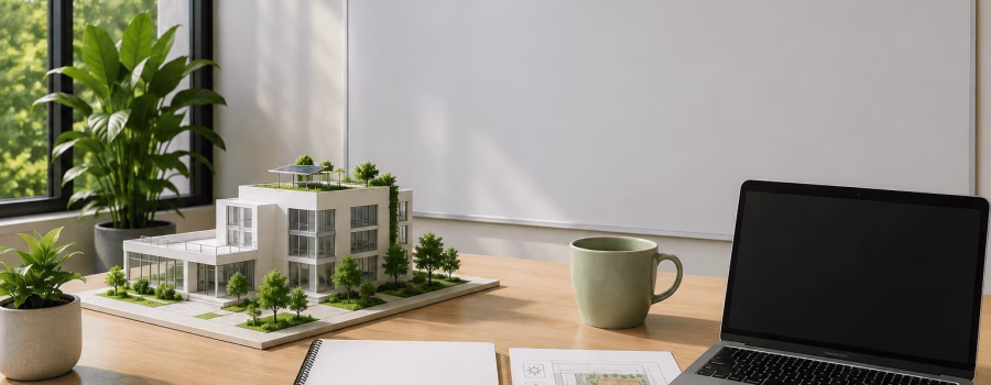Sustainable building model with architectural plans and digital workspace representing LEED integrative process, planning and assessment concepts.