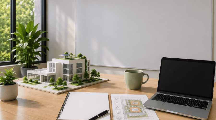 Sustainable building model with architectural plans and digital workspace representing LEED integrative process, planning and assessment concepts.
