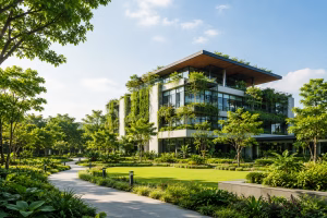 Modern sustainable green building surrounded by lush landscaping, trees, rooftop greenery and garden pathways.