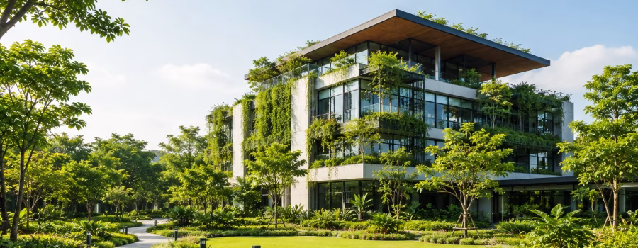 Modern sustainable green building surrounded by lush landscaping, trees, rooftop greenery and garden pathways.