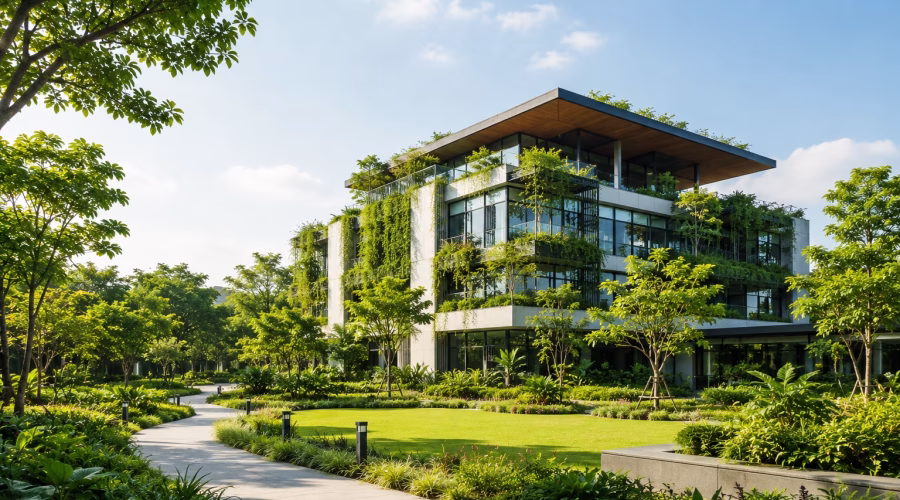 Modern sustainable green building surrounded by lush landscaping, trees, rooftop greenery and garden pathways.