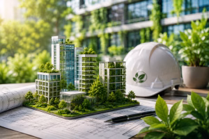 Sustainable green building design with architectural plans and eco-friendly construction concept