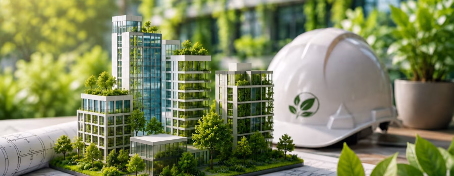 Sustainable green building design with architectural plans and eco-friendly construction concept