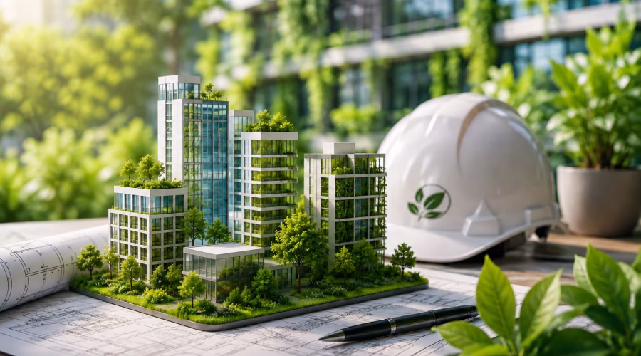 Sustainable green building design with architectural plans and eco-friendly construction concept