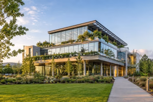 Modern sustainable commercial building with glass façades, green terraces and landscaped gardens representing LEED AP and green building expertise.