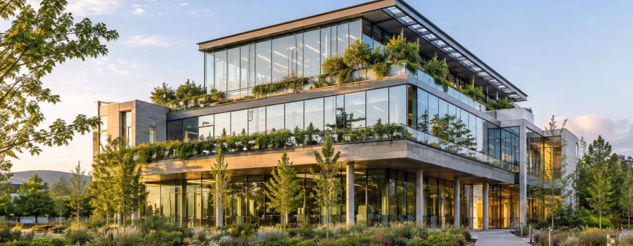 Modern sustainable commercial building with glass façades, green terraces and landscaped gardens representing LEED AP and green building expertise.