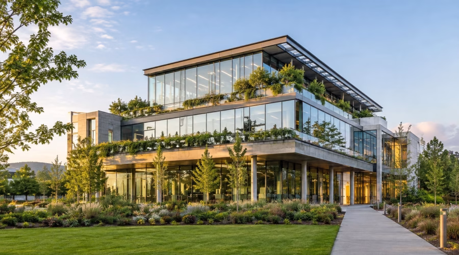 Modern sustainable commercial building with glass façades, green terraces and landscaped gardens representing LEED AP and green building expertise.