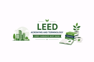 LEED acronyms and terminology study graphic with sustainable buildings, green building books, an open study guide and plant illustrations.