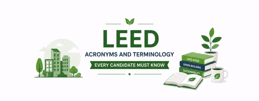 LEED acronyms and terminology study graphic with sustainable buildings, green building books, an open study guide and plant illustrations.