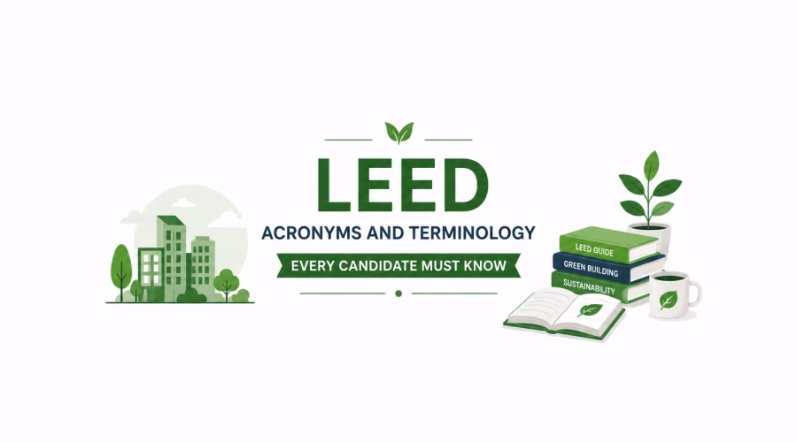 LEED acronyms and terminology study graphic with sustainable buildings, green building books, an open study guide and plant illustrations.