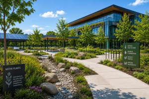 Sustainable green building site with native landscaping, rainwater management, shaded pathways and habitat-friendly planting representing LEED Sustainable Sites concepts.