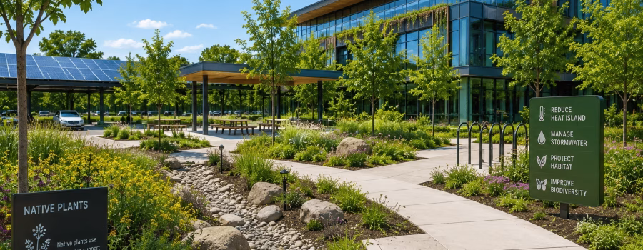 Sustainable green building site with native landscaping, rainwater management, shaded pathways and habitat-friendly planting representing LEED Sustainable Sites concepts.