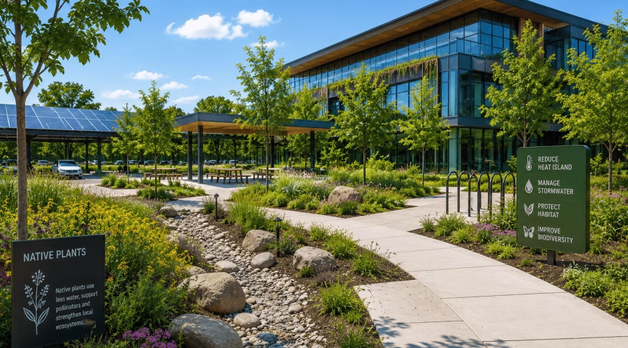 Sustainable green building site with native landscaping, rainwater management, shaded pathways and habitat-friendly planting representing LEED Sustainable Sites concepts.
