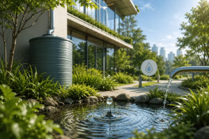 Sustainable green building with rainwater harvesting tank and water-efficient landscaping for LEED Green Associate Water Efficiency practice questions. Sustainable green building with rainwater harvesting tank and water-efficient landscaping for LEED Green Associate Water Efficiency practice questions.