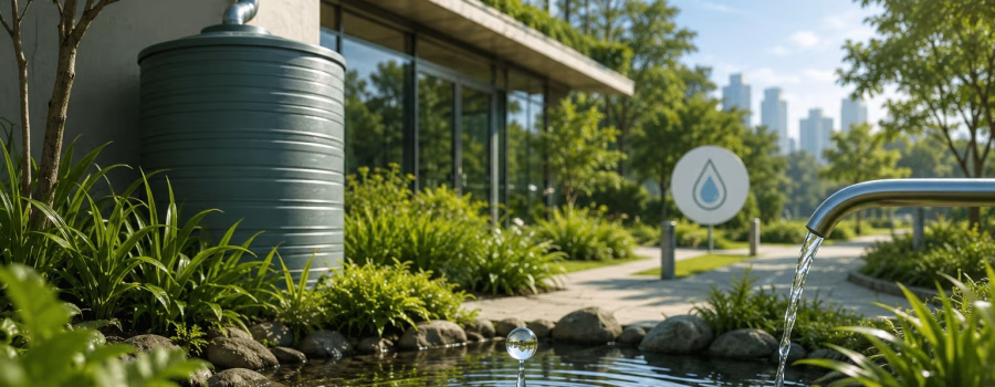 Sustainable green building with rainwater harvesting tank and water-efficient landscaping for LEED Green Associate Water Efficiency practice questions. Sustainable green building with rainwater harvesting tank and water-efficient landscaping for LEED Green Associate Water Efficiency practice questions.