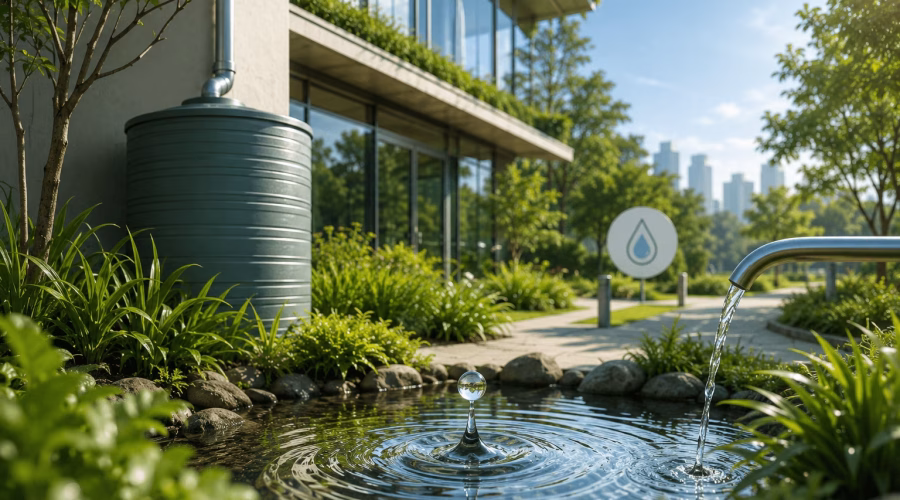 Sustainable green building with rainwater harvesting tank and water-efficient landscaping for LEED Green Associate Water Efficiency practice questions. Sustainable green building with rainwater harvesting tank and water-efficient landscaping for LEED Green Associate Water Efficiency practice questions.