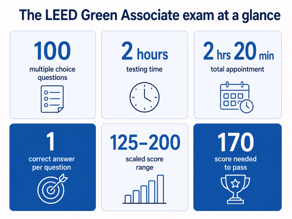 Six tiles showing the LEED Green Associate exam format: 100 questions, 2 hours, one correct answer each, scored 125 to 200, 170 to pass