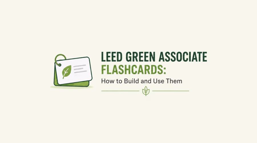 LEED Green Associate flashcards with a green leaf icon representing exam vocabulary, key terms, and study preparation.