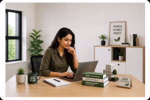 Professional working on a laptop in a modern sustainable office with green building models, plants, and LEED Green Associate study materials.