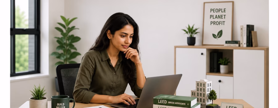 Professional working on a laptop in a modern sustainable office with green building models, plants, and LEED Green Associate study materials.