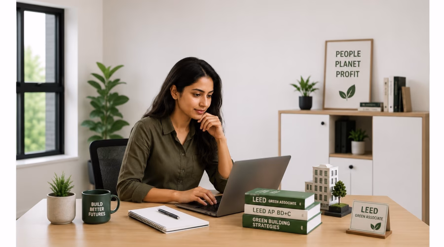 Professional working on a laptop in a modern sustainable office with green building models, plants, and LEED Green Associate study materials.
