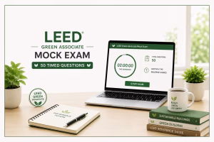 LEED Green Associate mock exam with 50 timed practice questions displayed on a laptop, surrounded by simple green building study elements.