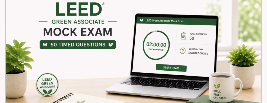 LEED Green Associate mock exam with 50 timed practice questions displayed on a laptop, surrounded by simple green building study elements.