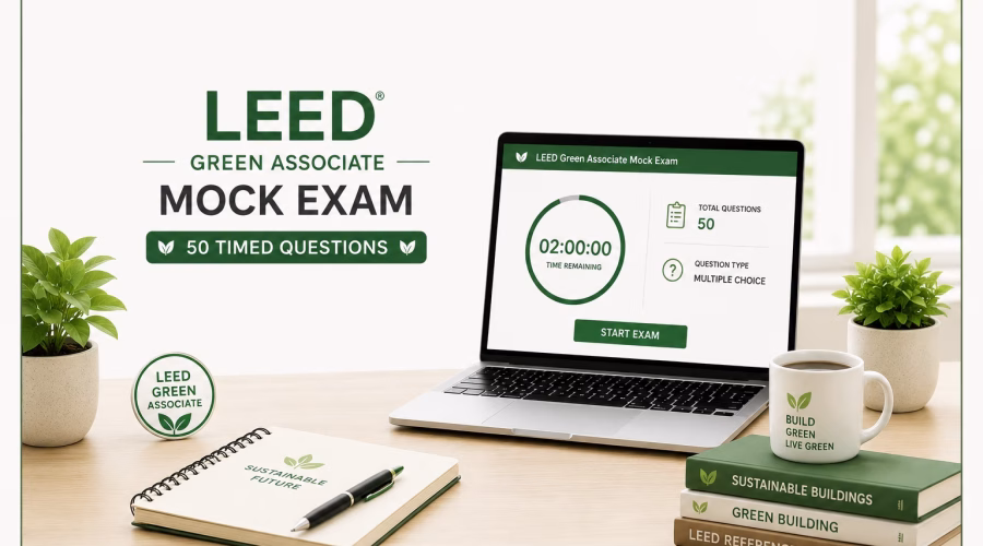 LEED Green Associate mock exam with 50 timed practice questions displayed on a laptop, surrounded by simple green building study elements.