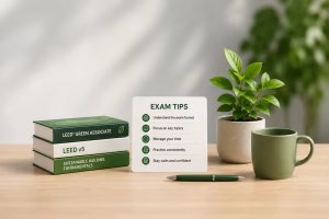 LEED Green Associate exam tips featured image with study guidance, LEED v5 books, and a green plant in a clean study setting.