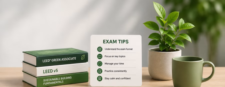LEED Green Associate exam tips featured image with study guidance, LEED v5 books, and a green plant in a clean study setting.