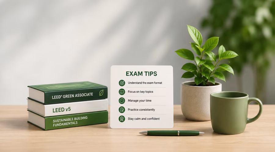 LEED Green Associate exam tips featured image with study guidance, LEED v5 books, and a green plant in a clean study setting.