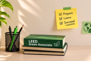 LEED Green Associate student preparation concept with sustainability books, green plants, and eco-friendly learning symbols.