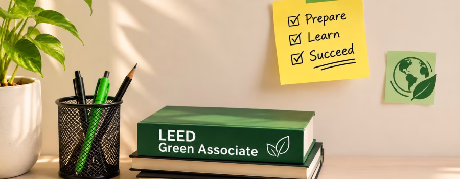 LEED Green Associate student preparation concept with sustainability books, green plants, and eco-friendly learning symbols.
