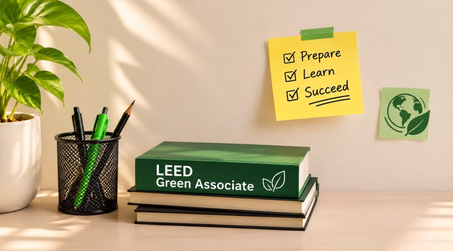 LEED Green Associate student preparation concept with sustainability books, green plants, and eco-friendly learning symbols.