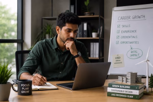 Professional reviewing career opportunities and salary factors related to the LEED Green Associate credential in a sustainable office setting.