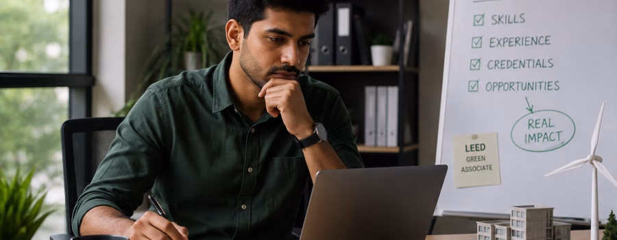 Professional reviewing career opportunities and salary factors related to the LEED Green Associate credential in a sustainable office setting.