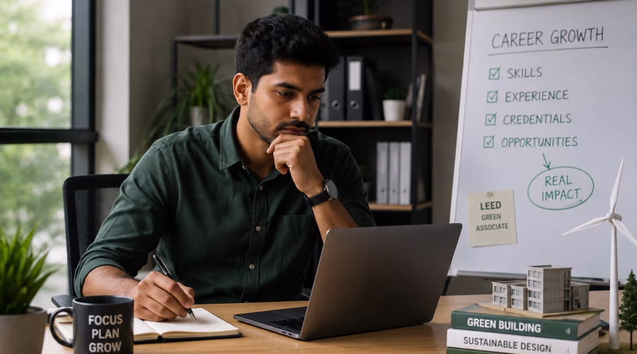 Professional reviewing career opportunities and salary factors related to the LEED Green Associate credential in a sustainable office setting.