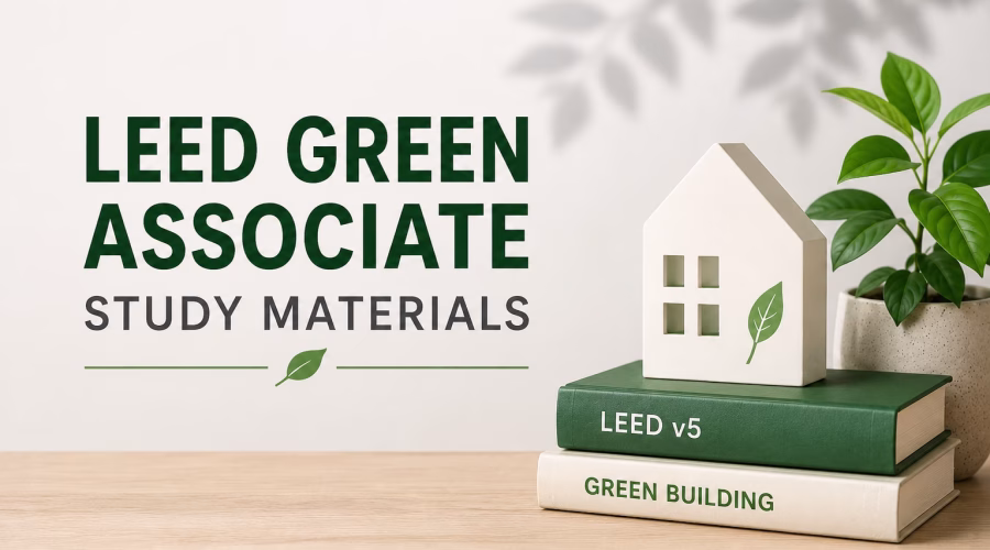 LEED Green Associate study materials featuring LEED v5 books, a sustainable building model and a green plant.