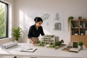 Architect working on a sustainable green building model in a modern studio, representing LEED Green Associate knowledge for architects.