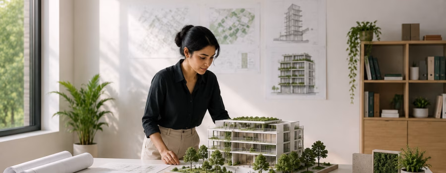 Architect working on a sustainable green building model in a modern studio, representing LEED Green Associate knowledge for architects.