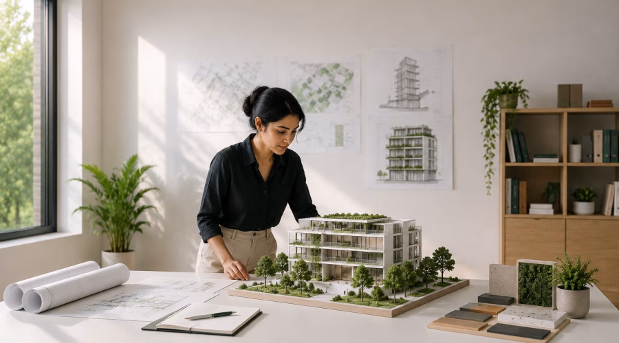 Architect working on a sustainable green building model in a modern studio, representing LEED Green Associate knowledge for architects.