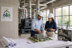Civil and MEP engineers reviewing a sustainable green building model and plans in a modern engineering facility with visible HVAC systems.