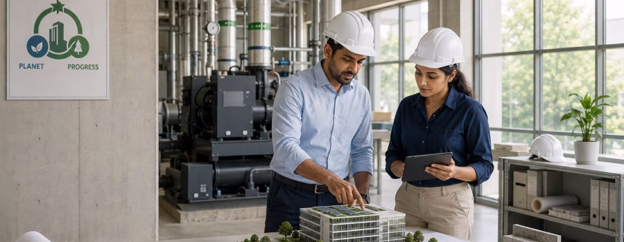 Civil and MEP engineers reviewing a sustainable green building model and plans in a modern engineering facility with visible HVAC systems.