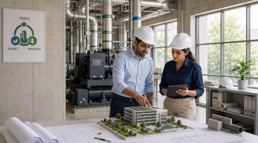 Civil and MEP engineers reviewing a sustainable green building model and plans in a modern engineering facility with visible HVAC systems.
