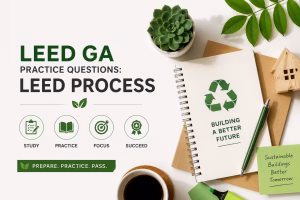 LEED GA Practice Questions for LEED Process illustrated with a sustainable study workspace, notebook, green building model, plants and study materials.