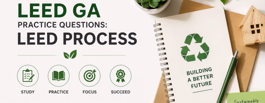 LEED GA Practice Questions for LEED Process illustrated with a sustainable study workspace, notebook, green building model, plants and study materials.