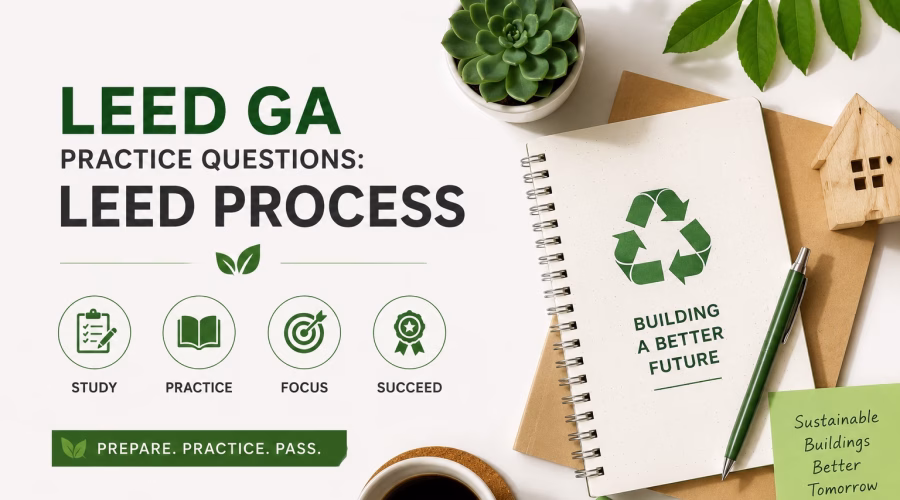 LEED GA Practice Questions for LEED Process illustrated with a sustainable study workspace, notebook, green building model, plants and study materials.