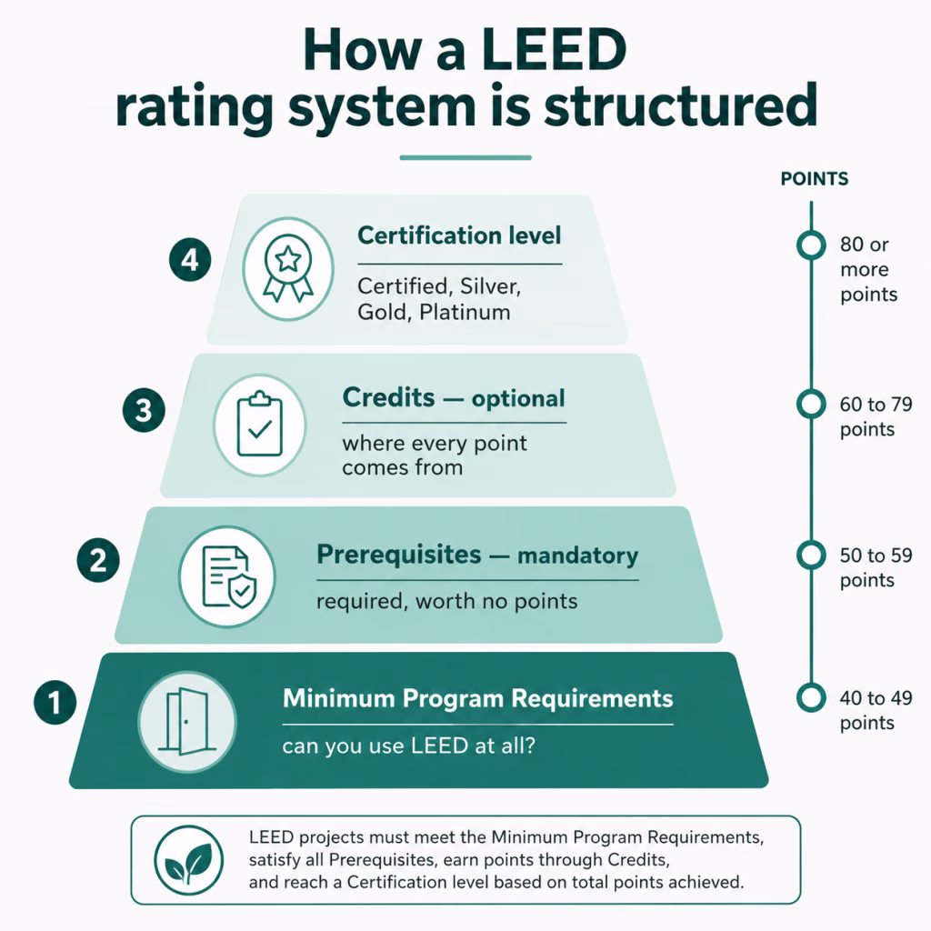 The four layers of a LEED rating system: minimum program requirements, prerequisites, credits and the certification leve